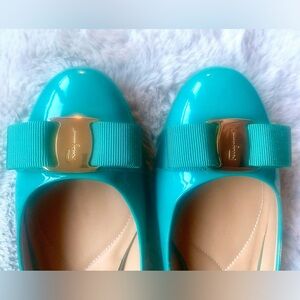 Salvatore Ferragamo Varina Flats. Size 9B. Color Carne (turquoise). In box.